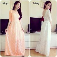 Đầm ren maxi lưng V tay lửng